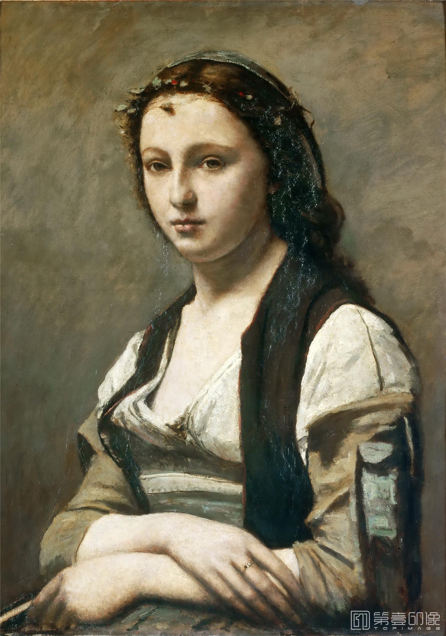 油画-卢浮宫-Коро, Жан-Батист-Камиль (Париж 1796-1875)Женщина с жемчужиной-1950